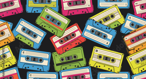 Retro Cassette Tape Seamless Pattern, 80s 90s Music Aesthetic Flat Vector Illustration