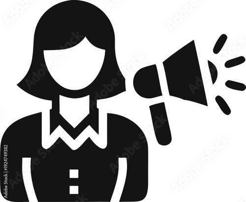 Businesswoman icon clearly delivering a loud message with a side positioned megaphone