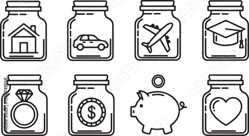 Illustrations of various savings and investment goals in jars. Vector