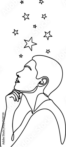 Minimalist continuous line drawing depicting a thoughtful person looking up at floating stars