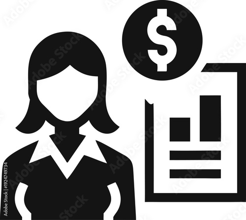 Businesswoman reviews financial document with graph and dollar coin for investment strategy