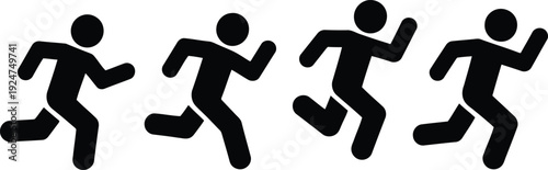 Four black silhouette stick figures illustrating different phases of a person running quickly