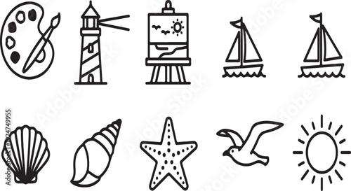 Assorted icons depicting a seaside vacation and artistic activities Vector