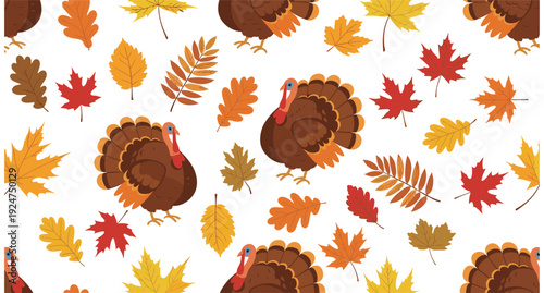 Thanksgiving Turkey and Autumn Leaves Seamless Pattern, Flat Fall Holiday Illustration