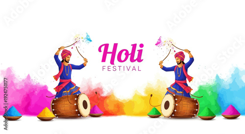 Vibrant illustration of two Indian drummers celebrating Holi Festival with colorful powder and traditional attire against a white background.
