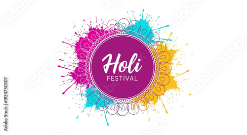 Vibrant Holi Festival illustration with colorful splashes and a pink circle logo on a white background, conveying a joyful and celebratory mood.