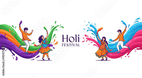Vibrant illustration of people celebrating Holi Festival with colorful powder splashes and joyful movements on a white background.