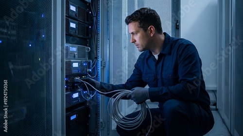 Male IT Technician Installing Network Cable in Server Room Data Center