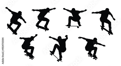 Silhouettes of a skateboarder performing various tricks in mid air
