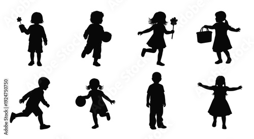 Silhouettes of children playing and running in a cheerful arrangement