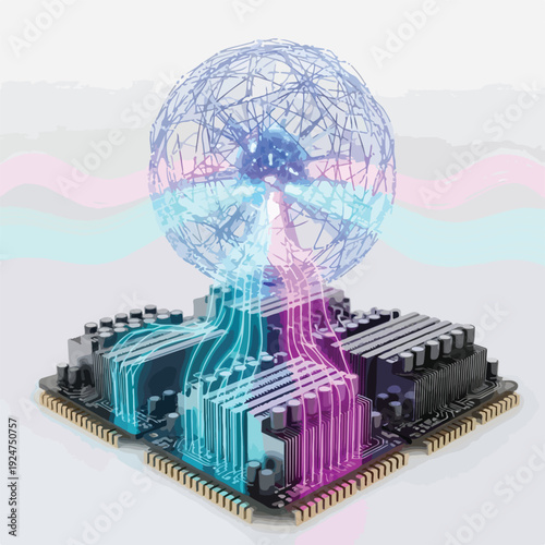 A 3D illustration of a circuit board with a glowing blue and pink network sphere on top, representing AI boom impact on RAM, with a futuristic and technological mood against a clean white