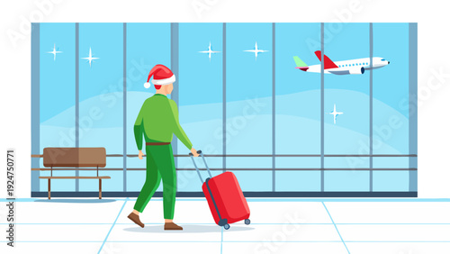 A man wears Xmas hat carrying red suitcase In the airport hall, in green shirt and pants, floor-to-ceiling windows, the plane is flying, realistic minimalist ... See More