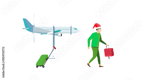 A man wears Xmas hat carrying red suitcase In the airport hall, in green shirt and pants, floor-to-ceiling windows, the plane is flying, realistic minimalist ... See More