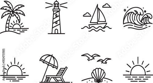 A collection of eight black and white line drawings depicting various beach and nautical themes Vector