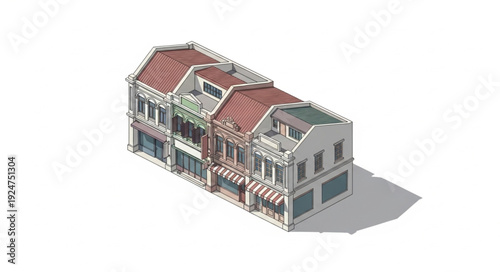 Detailed architectural illustration of a row of historical buildings with intricate facades and rooftops.