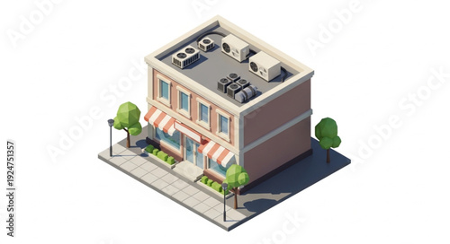 Isometric view of a commercial building with awning and rooftop equipment, perfect for urban scenes.