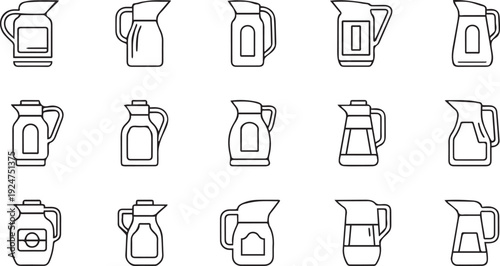 A comprehensive collection of fifteen diverse outline icons representing various pitchers and jugs.