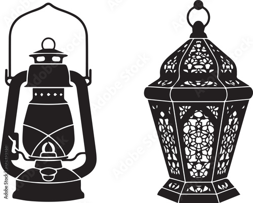 A pair of distinct black silhouette lanterns, one traditional and one ornately decorative.