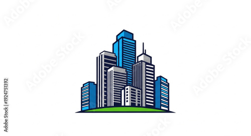 City skyline illustration featuring modern skyscrapers and buildings on green grass, urban landscape.