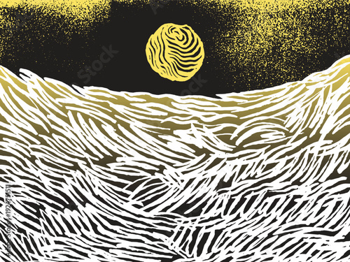 Elegant Japanese-inspired background featuring a gold textured moon over white hand-drawn waves. Intricate woodblock-style etching and stippling create a serene, nocturnal aesthetic.