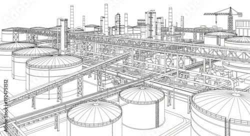 Industrial complex sketch with storage tanks and processing towers.