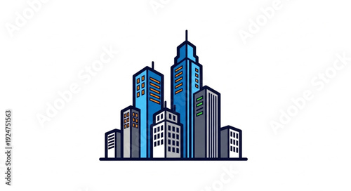 Urban skyline illustration featuring various skyscrapers and buildings in a city environment.