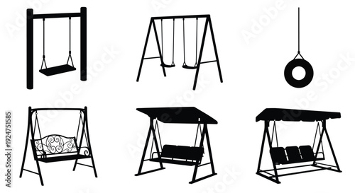 Collection of various swing set and porch swing designs in black and white