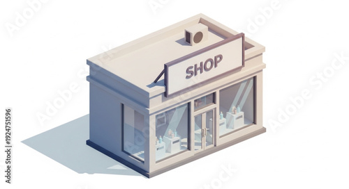 Isometric shop building with a sign, showcasing a retail establishment in a modern style.