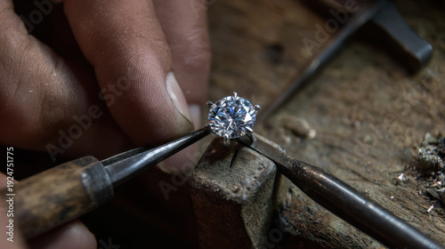 Close-up of a jeweler carefully tightening prongs around a brilliant round diamond using specialized tools. The image captures the meticulous attention and technical expertise required in high-end jew