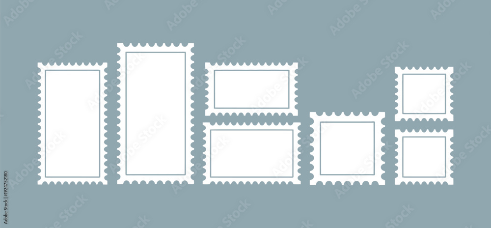 Obraz premium Collection of various sized white postage stamp frame vector graphic designs with scalloped edges