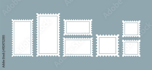 Collection of various sized white postage stamp frame vector graphic designs with scalloped edges