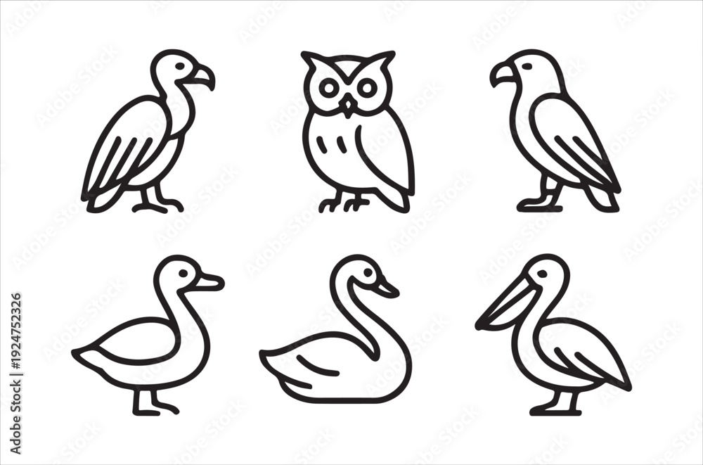 Obraz premium Minimalist line art illustration featuring six different bird species in a row
