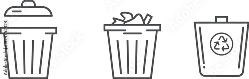 Waste bin icon illustration set, trash recycling artwork, garbage vector design, disposal graphic pack, sustainability symbol collection, environmental sketch