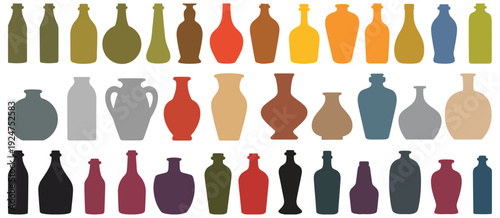 Bottles and Vases Silhouettes Collection in Various Colors, vector illustration set featuring pottery, glass, and clay shapes, decorative home decor elements, minimalist container forms