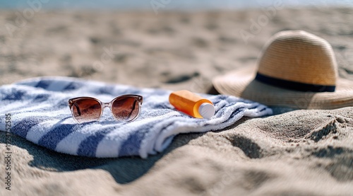 Relaxing beach setup with sunglasses, sun hat, and sunscreen on sandy towel