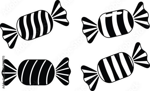 Wrapped candy silhouettes, striped sweets, black and white design, cylindrical shape, twisted ends, confectionery illustration, dessert icon, pattern variation, packaging, branding, treat