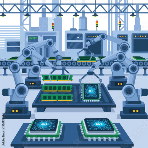 Industrial robots assemble RAM modules in a high-tech factory with a focus on the AI boom's impact on memory technology production.