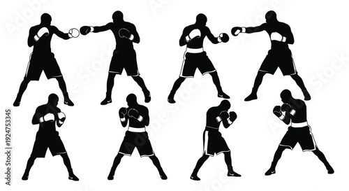 Silhouettes of boxers in various fighting stances and positions