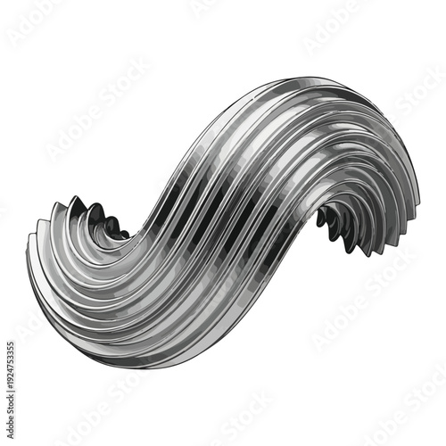 Abstract metallic wave sculpture with swirling lines and a polished chrome finish, isolated on white background