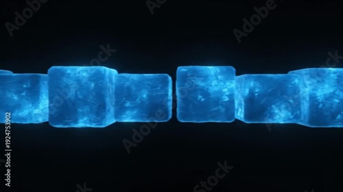 Abstract blue glowing cubes moving in a line on a dark background, digital data flow concept