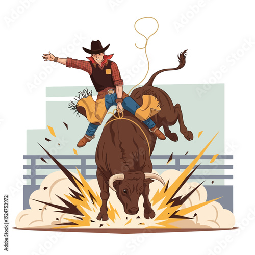Cowboy Riding Bucking Bull Rodeo Action Illustration