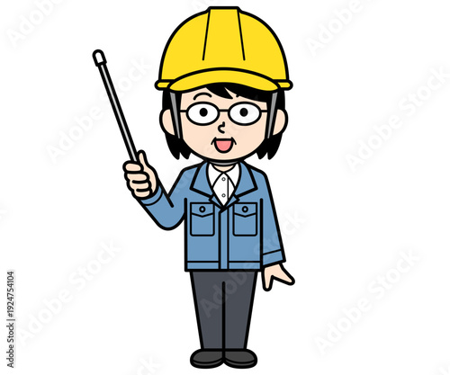 指し棒を持つヘルメットをかぶった現場監督の中年女性