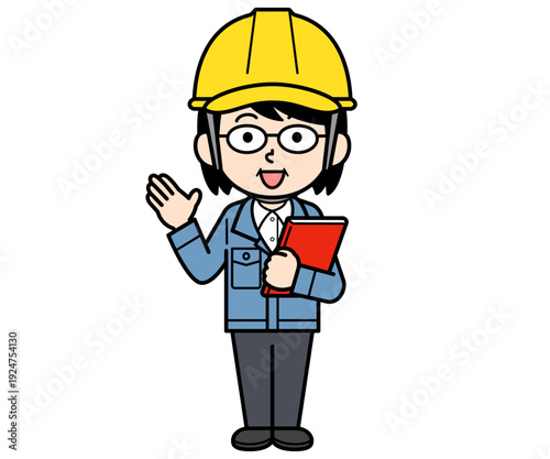 ファイルを持って案内するヘルメットをかぶった現場監督の中年女性