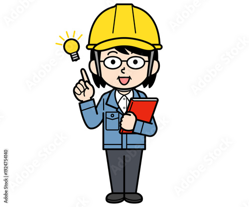 ファイルを持ってアイデアを閃くヘルメットをかぶった現場監督の中年w女性