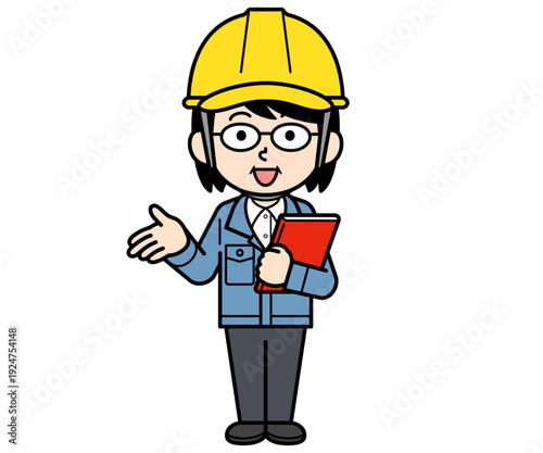 ファイルを持って説明するヘルメットをかぶった現場監督の中年女性