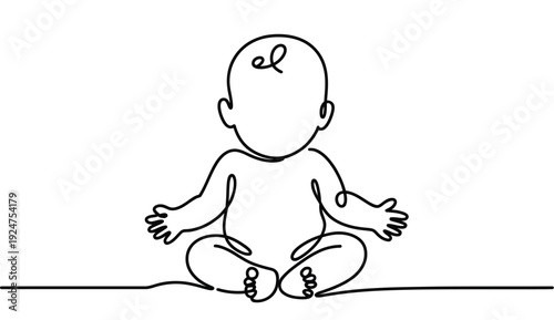 Minimalist vector graphic illustration of a charming baby sitting gracefully with legs crossed, rendered in a continuous single line art style, ideal for themes of childhood and innocence.