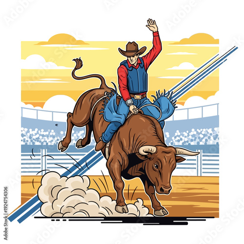 Bull Rider in Rodeo Arena, Cowboy Taming Wild Bull, Action Sport Illustration