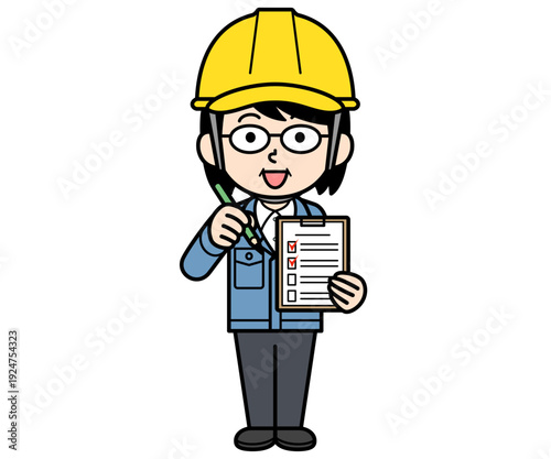 チェックリストに記入するヘルメットをかぶった現場監督の中年女性