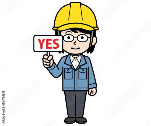 YESの札を持つヘルメットをかぶった現場監督の中年女性