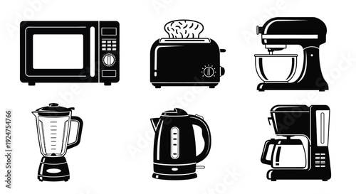 Black and white illustration of common kitchen appliances arranged in a row